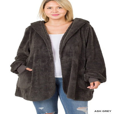 Women's Plus Size Black Hooded Faux Fur Jacket With Pockets Blissfully Beautiful Boutique