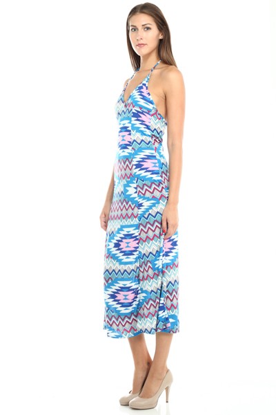 Women's Blue Bohemian Designed Stretch Knit Halter Dress I Blissfully Beautiful Boutique Blissfully Beautiful Boutique