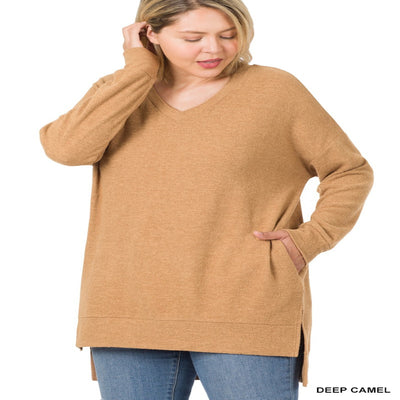 Women's Plus Long Sleeve V-Neck Brushed Melange Hi-Low Sweater with Pockets Blissfully Beautiful Boutique