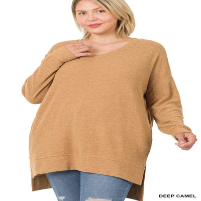 Women's Plus Long Sleeve V-Neck Brushed Melange Hi-Low Sweater with Pockets Blissfully Beautiful Boutique