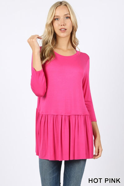 Women's  Pink 3/4 sleeve blouse with ruffles | Blissfully Beautiful Boutique Blissfully Beautiful Boutique