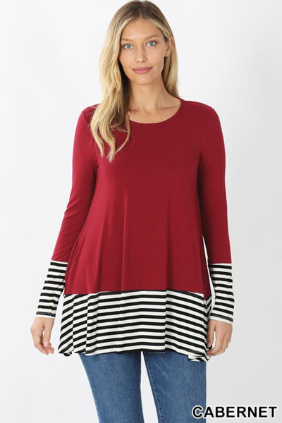 Women's Burgundy Striped and Solid Contrast Round Neck Long Sleeve Top Blissfully Beautiful Boutique
