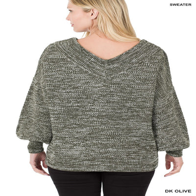 Women's Grey Balloon Sleeve Wide Double V-Neck Sweater Blissfully Beautiful Boutique