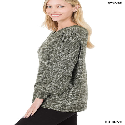 Women's Grey Balloon Sleeve Wide Double V-Neck Sweater Blissfully Beautiful Boutique