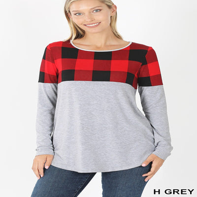 Women's Long-Sleeve Red Buffalo Check Plaid Block Flannel Top Blissfully Beautiful Boutique