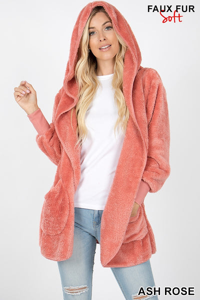 Women's Long Sleeve Hooded Soft Faux Fur Jacket with Pockets | Blissfully Beautiful Boutique Blissfully Beautiful Boutique