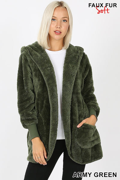 Women's Long Sleeve Hooded Soft Faux Fur Jacket with Pockets | Blissfully Beautiful Boutique Blissfully Beautiful Boutique