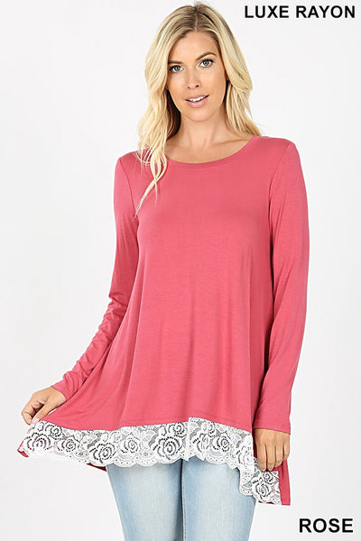 Women's Long Sleeve Round Neck Lace Trim Top | Blissfully Beautiful Boutique Blissfully Beautiful Boutique