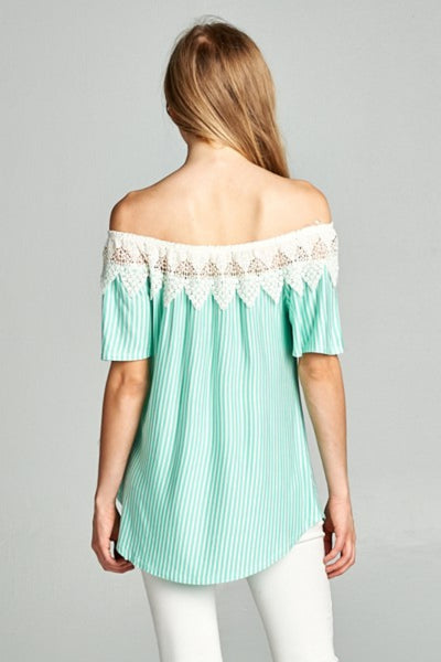 Women's Mint Color Off Shoulder Striped Tunic Top with Lace | Blissfully Beautiful Boutique Blissfully Beautiful Boutique