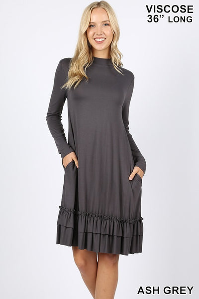 Women's Mock Neck Ruffle-Hem Long-Sleeve Pocket Dress | Blissfully Beautiful Boutique Blissfully Beautiful Boutique