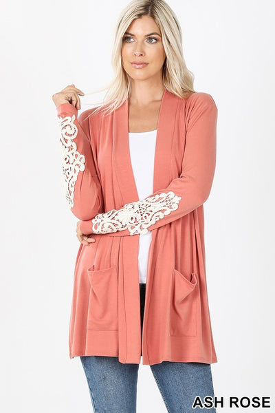 Women's Pink Open Front Cardigan Sweater With Lace Design | Blissfully Beautiful Boutique Blissfully Beautiful Boutique