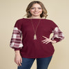 Women's Grey Solid Waffle Brush Balloon Plaid Sleeve Tunic Sweater Blissfully Beautiful Boutique